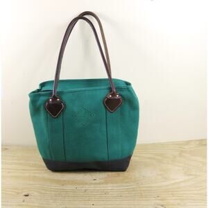 Vintage Beyer of Maine Tote Bag Canvas Leather Green Brown Winter Harbor USA